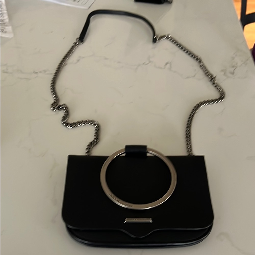 Black and Silver Crescent Crossbody Bag with Chain Strap